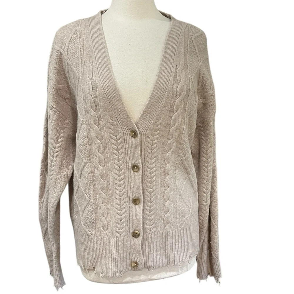 Lucky Brand Cable Knit Cardigan Sweater Distressed Hem SZ M Light Camel Tan